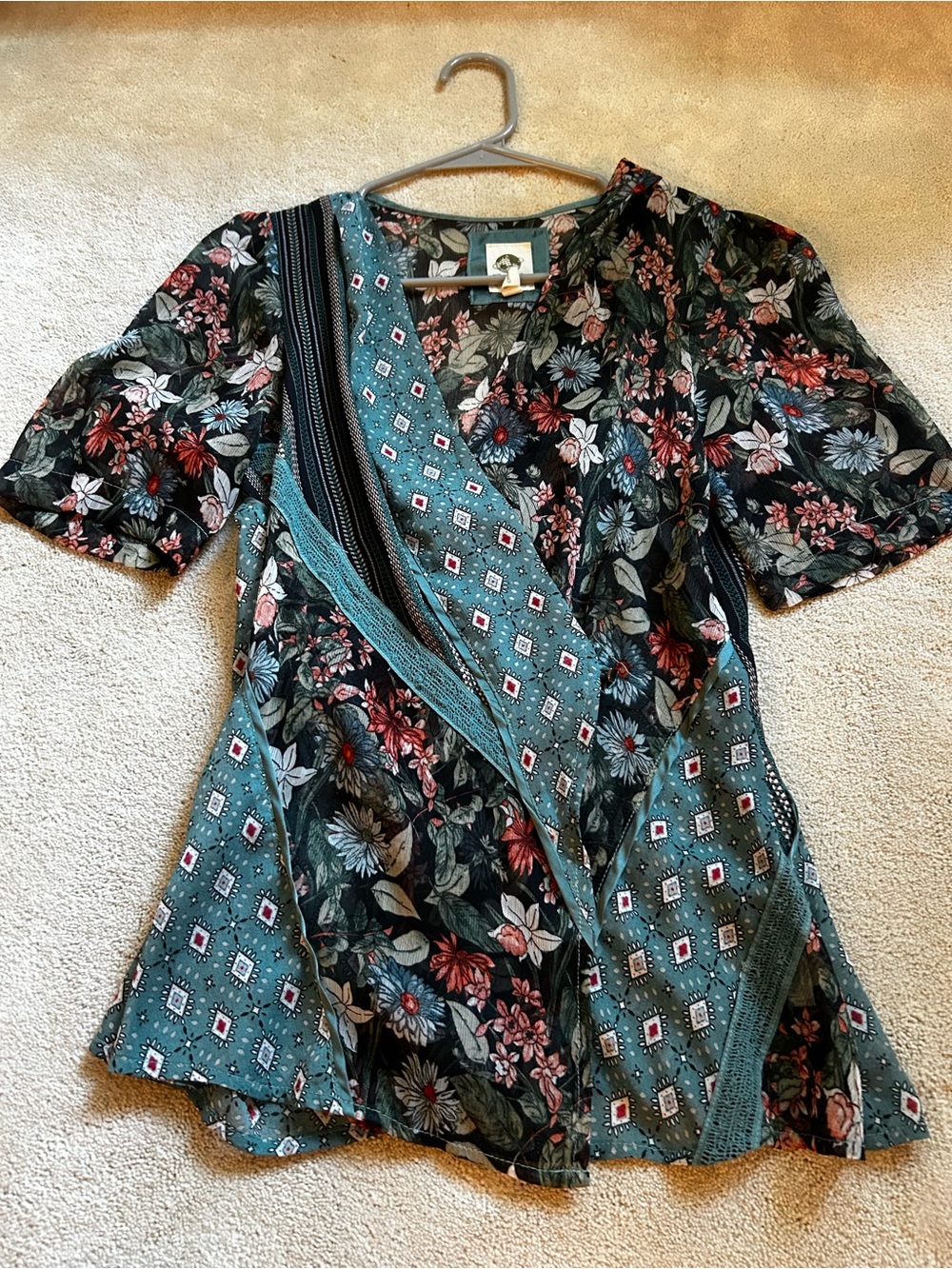 Anthropologie Tiny Teal and Black Floral Wrap Blouse